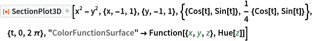 ResourceFunction["SectionPlot3D"][
 x^2 - y^2, {x, -1, 1}, {y, -1, 1}, {{Cos[t], Sin[t]}, 1/4 {Cos[t], Sin[t]}}, {t, 0, 2 \[Pi]}, "ColorFunctionSurface" -> Function[{x, y, z}, Hue[z]]]