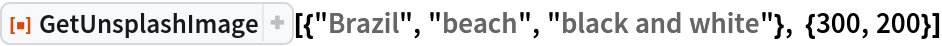 ResourceFunction[
 "GetUnsplashImage"][{"Brazil", "beach", "black and white"}, {300, 200}]