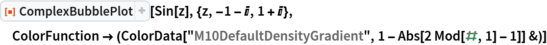 ResourceFunction["ComplexBubblePlot"][Sin[z], {z, -1 - I, 1 + I}, ColorFunction -> (ColorData["M10DefaultDensityGradient", 1 - Abs[2 Mod[#, 1] - 1]] &)]