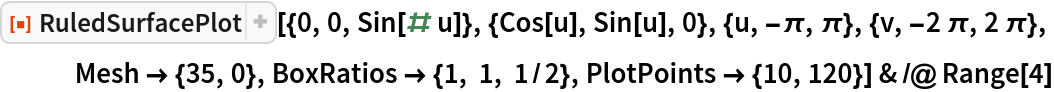 ResourceFunction[
   "RuledSurfacePlot"][{0, 0, Sin[# u]}, {Cos[u], Sin[u], 0}, {u, -\[Pi], \[Pi]}, {v, -2 \[Pi], 2 \[Pi]},
   Mesh -> {35, 0}, BoxRatios -> {1, 1, 1/2}, PlotPoints -> {10, 120}] & /@ Range[4]